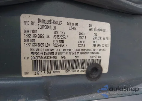 2006 Chrysler Pacifica Touring из США, поврежденный, VIN 2A4GF684X6R734435